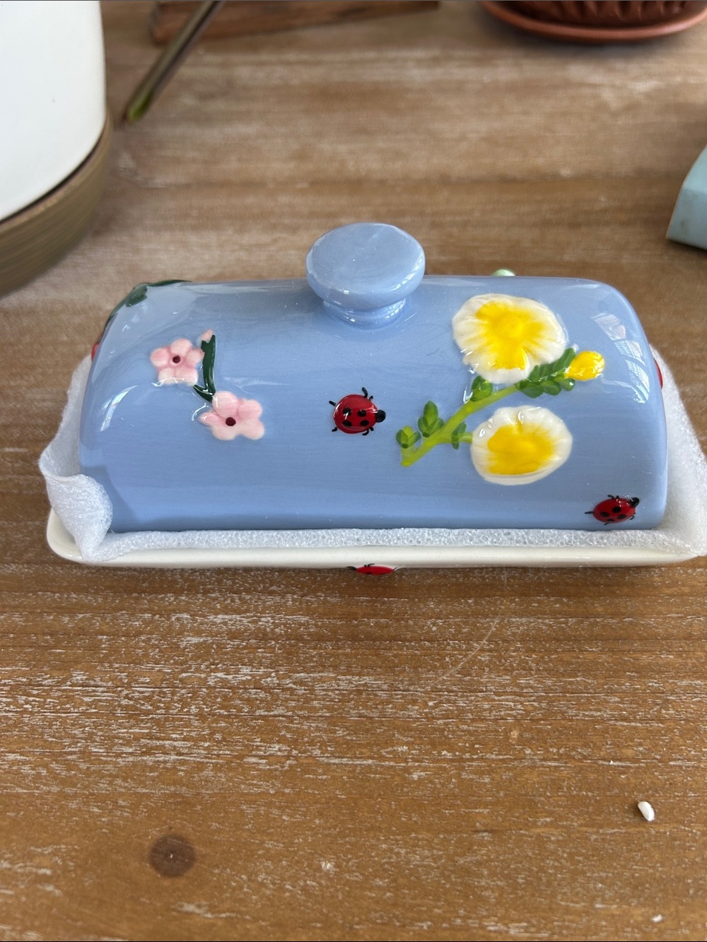 Anthropologie Light Blue Floral & Butterfly Ceramic Butter Dish - Picture 2 of 5